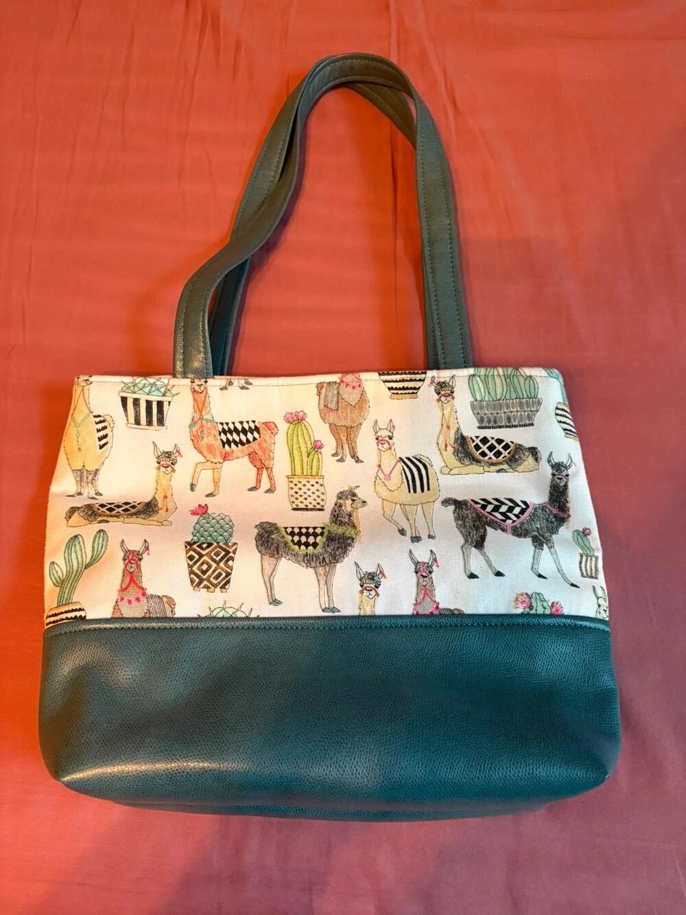 Llama Cactus Tote Bag Teal Faux Leather Shoulder Bag Southwestern Boho